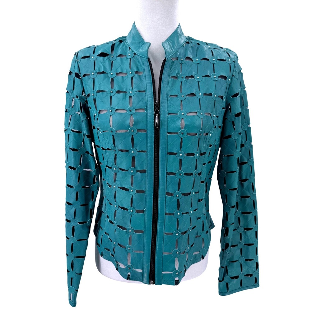 Stillman Studio Vintage Teal Lamb Leather Laser‎ Cut Studded Zip Jacket Medium